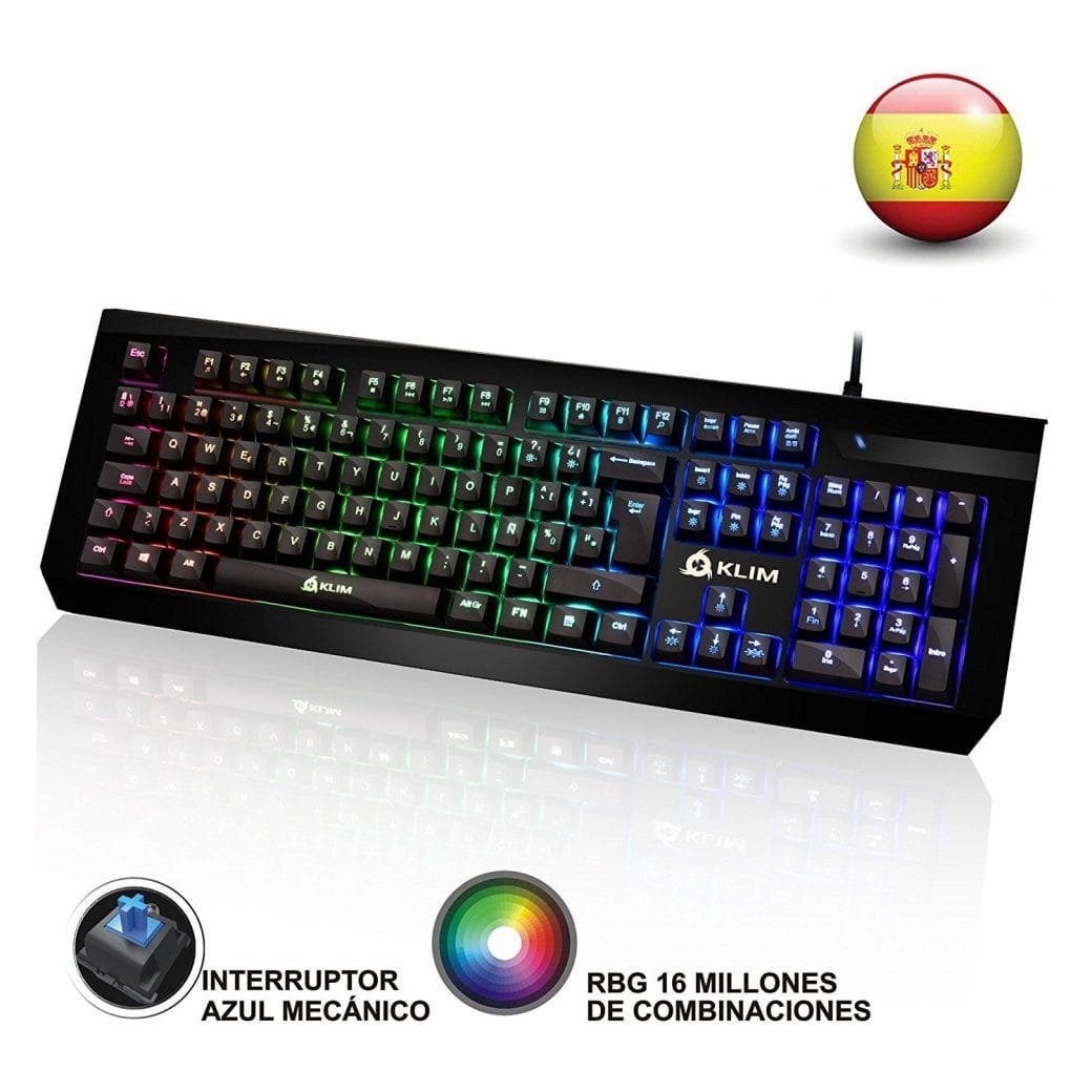 KLIM Domination - Teclado Mecánico RGB ESPAÑOL - Interruptores Azules - Tecleo Rápido, Preciso y Cómodo -5 Años de Garantía- Teclado Gaming Retroiluminado - Completa Personalización de Colores PC PS4