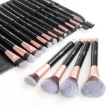 Brochas de Maquillaje 16 Piezas de Anjou, Cerdas de Fibra Sintética Suaves y sin Crueldad, Detalle de Oro Rosa, Elegante Rodillo de Cuero de PU Incluido..